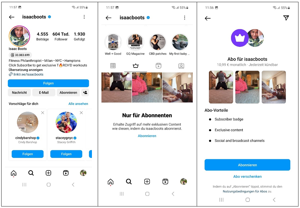 Drei Intagram-Account nebeneinander gestellt