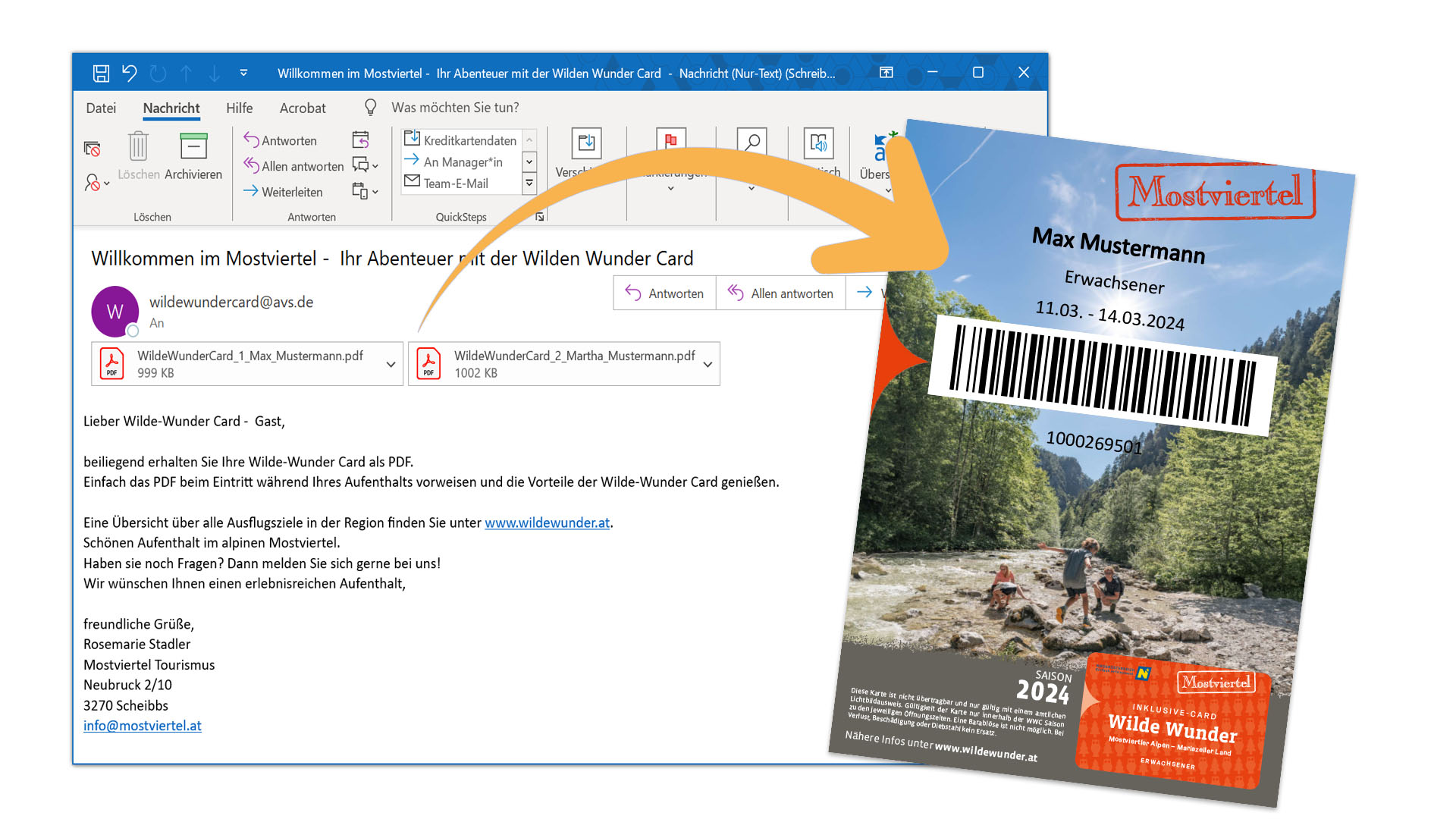 Beispiel einer Wilkommensmail inklusive der Wilde Wunder Card als PDF (Screenshots)